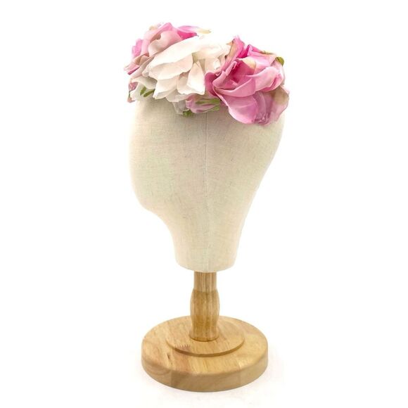 Vintage 1950s Modern Miss Pink White Floral Half Hat Headpiece Union Made USA main image 6
